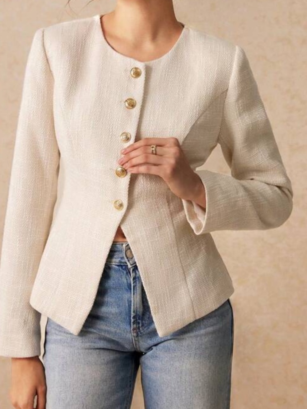 Cream Textured Button-Front Jacket with Gold Buttons - Picture 2 of 3